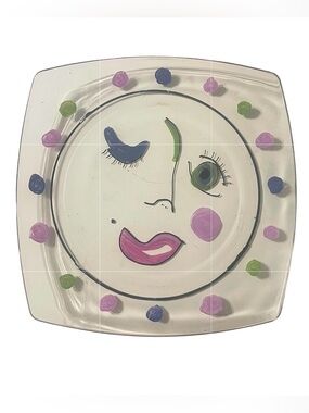 “12” Hand-Painted Transparent Glass Face Plate – One-of-a-Kind Whimsy Art Decor